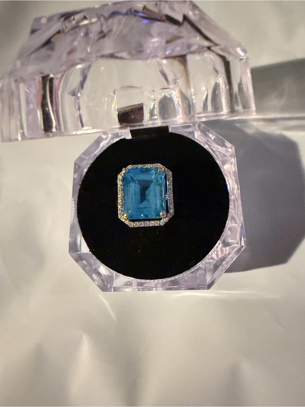 London Blue 5 carat Topaz ring - Emerald-Cut Halo set w/ 34 diamonds 14K gold